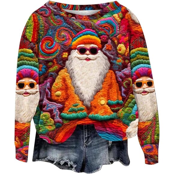 Yinbwol Women Multi Long Sleeve Oversize Round Neck Pull On Christmas Sweatshirt - Picture 1 of 4